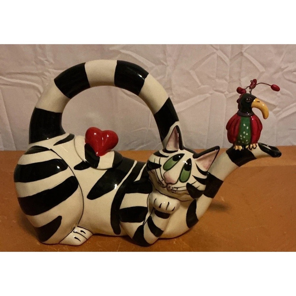 Blue Sky Teapot Clancy Hearts Black White Striped Cat Teapot Bird Hearts Signed